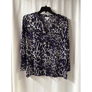 Jaclyn Smith Collection Womens 1X Purple‎ Leopard Print Long Sleeve V Neck Top
